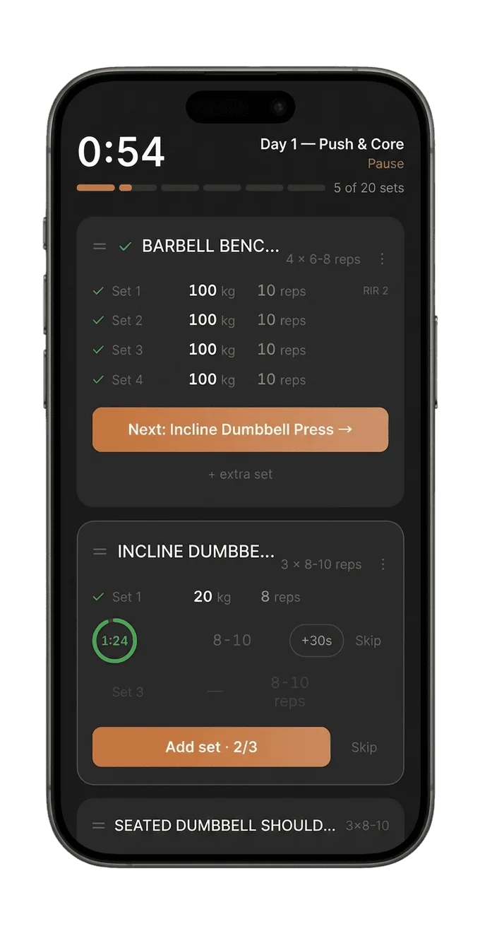 Active workout screen with the set list and rest timer