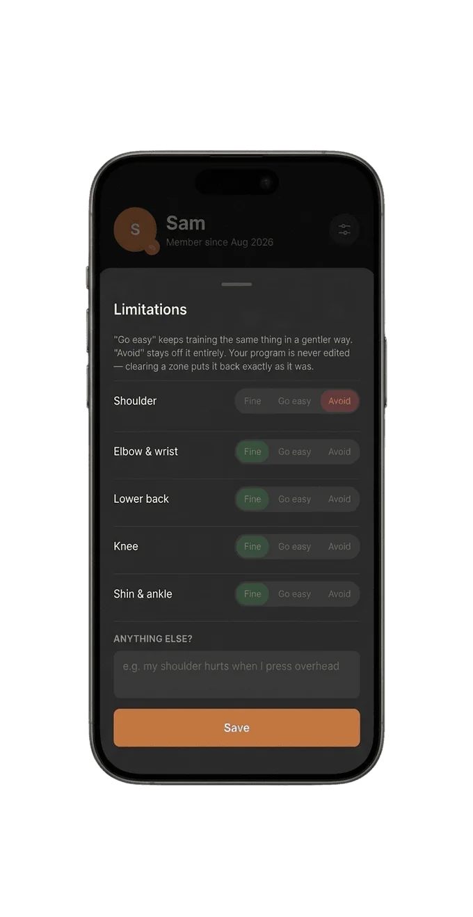 Limitations screen with each joint set to fine, go easy or avoid