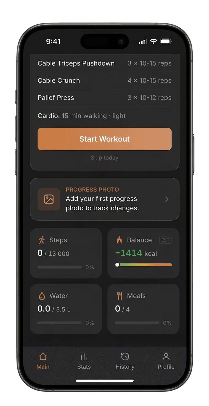 Core Motion home screen showing today's workout, steps and energy balance