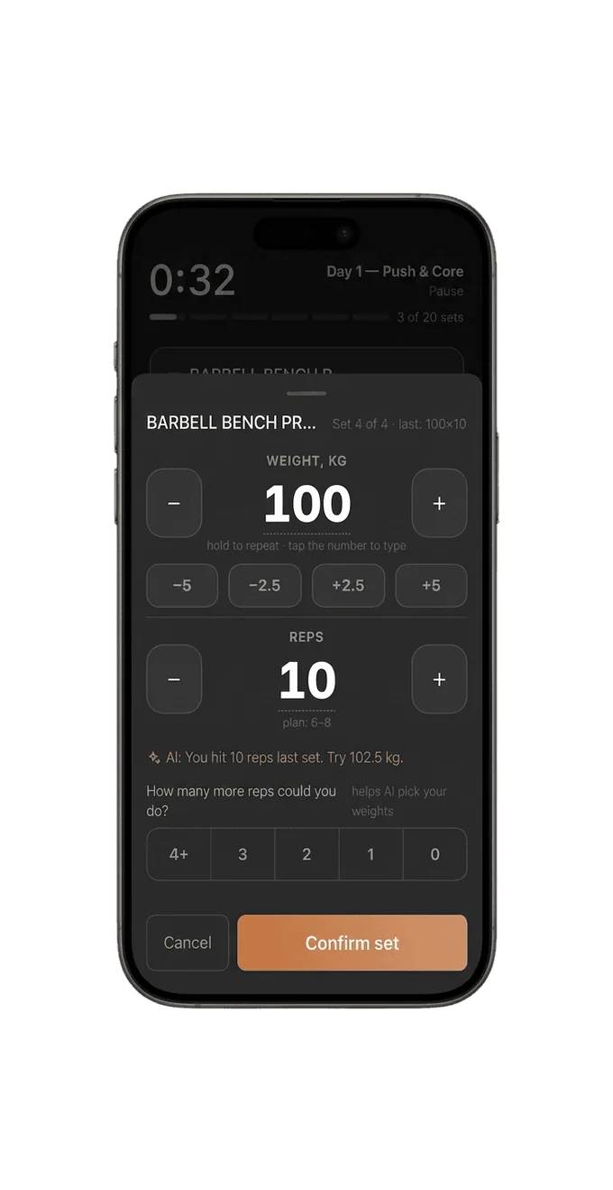 Set input sheet with weight and reps steppers