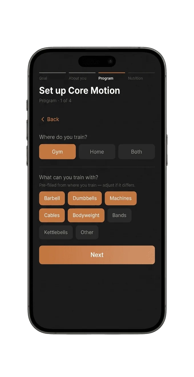 Setup screen asking where you train and what equipment you have