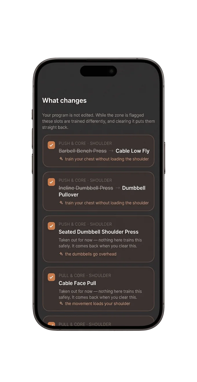 A list of the exercise swaps the app proposes, each confirmed on its own